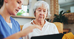 Senior woman, nurse and elderly care with tablet for monitoring health, consultation or results at nursing home. Female person or healthcare worker talking to mature patient with technology at house