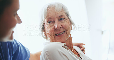 Buy stock photo Senior, woman and smile with caregiver for support in nursing home for assistance, gratitude and service. Elderly patient, nurse and happy with embrace for helping hand, kindness and health hospice