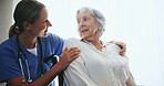 Elderly, woman and nurse for support in wheelchair with assisted living, rehabilitation and happy for assistance. Senior patient, caregiver and smile for wellness, helping hand and healing in hospice