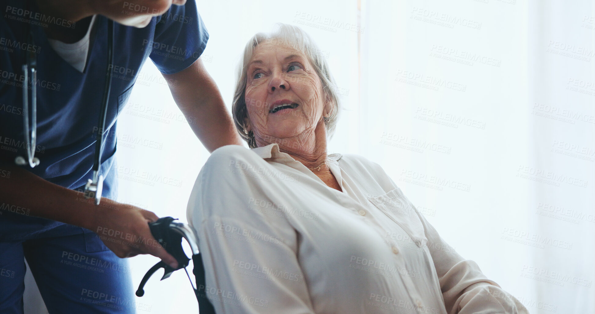 Buy stock photo Senior, woman and nurse for support in wheelchair with assisted living, rehabilitation and happy for assistance. Elderly patient, caregiver and smile for wellness, helping hand and healing on mockup