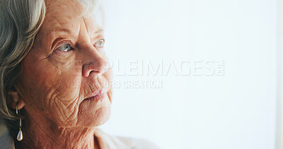 Buy stock photo Senior, woman or thinking of memory in retirement with remember, nostalgia or alzheimer in nursing home. Elderly person, thoughtful or reflection with wondering, contemplating or question with mockup