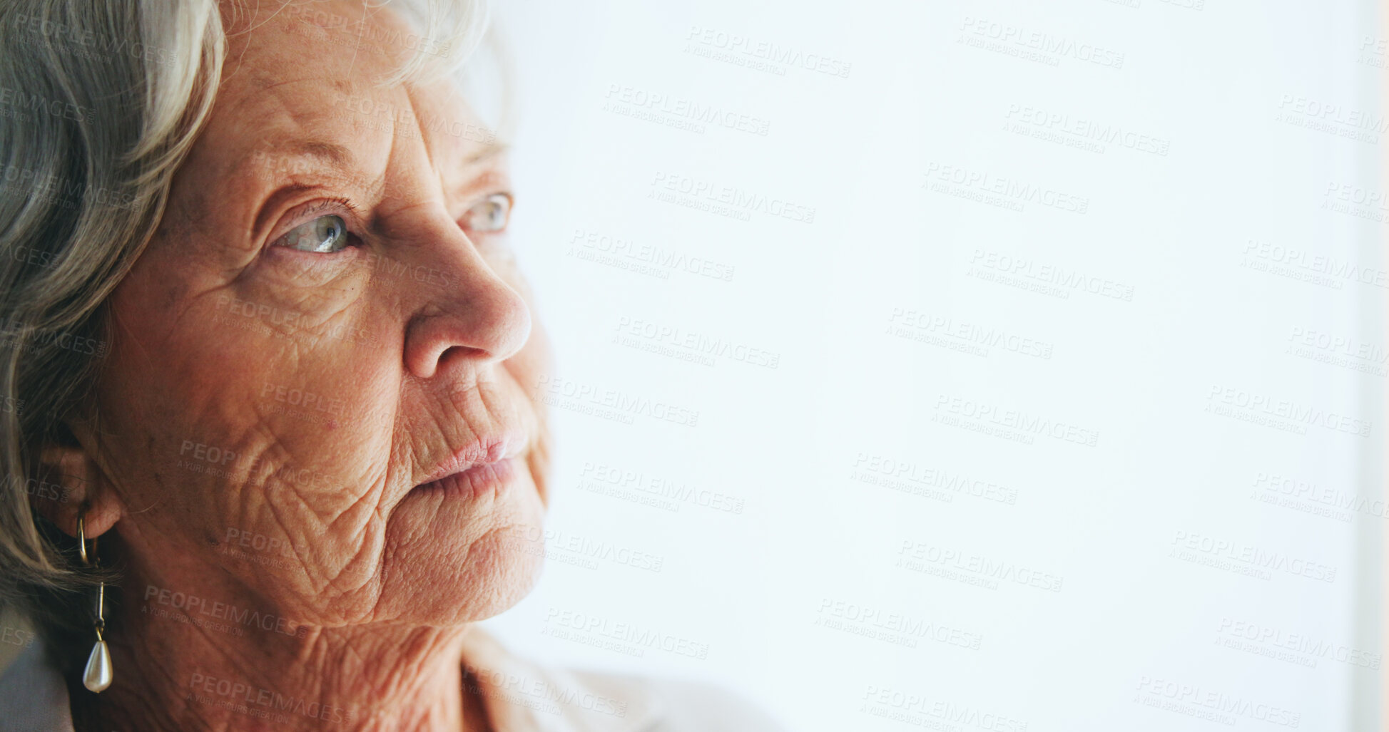 Buy stock photo Senior, woman or thinking of memory in retirement with remember, nostalgia or alzheimer in nursing home. Elderly person, thoughtful or reflection with wondering, contemplating or question with mockup