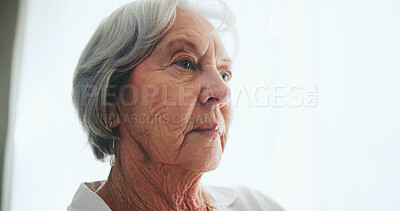 Buy stock photo Senior woman, thinking and dream with alzheimers in retirement, pension or elderly home. Face of mature female person in wonder, thought or contemplating for decision, choice or perception at house