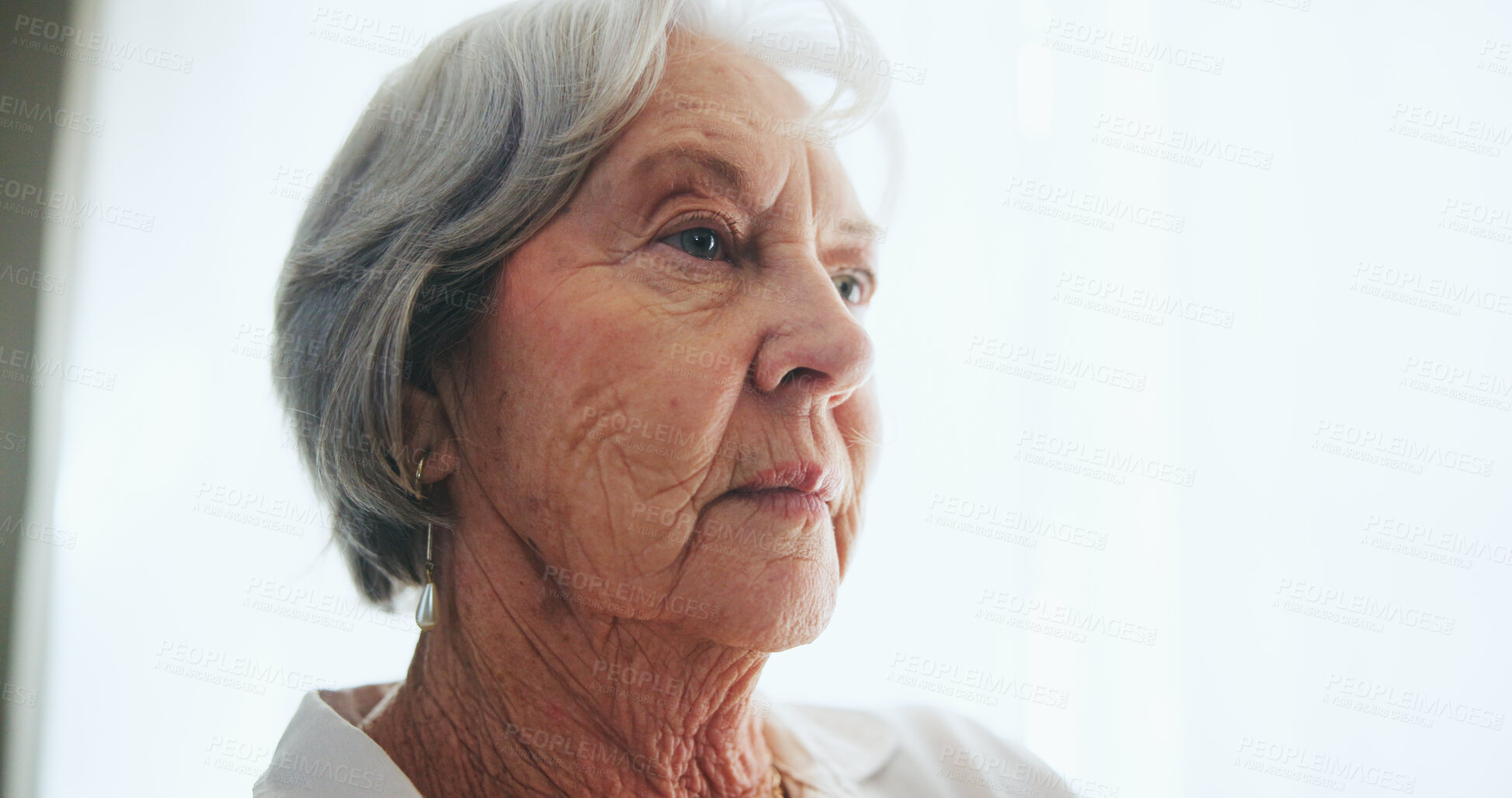 Buy stock photo Senior woman, thinking and dream with alzheimers in retirement, pension or elderly home. Face of mature female person in wonder, thought or contemplating for decision, choice or perception at house