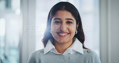 Buy stock photo Smile, pride and portrait of business woman in office with positive attitude for legal career. Happy, confident and female attorney from Colombia with satisfaction for corporate law in workplace.