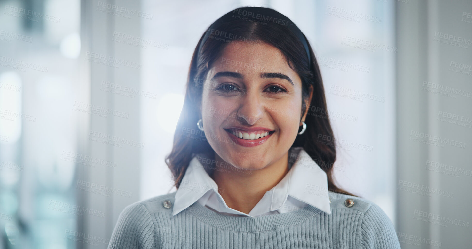 Buy stock photo Smile, pride and portrait of business woman in office with positive attitude for legal career. Happy, confident and female attorney from Colombia with satisfaction for corporate law in workplace.