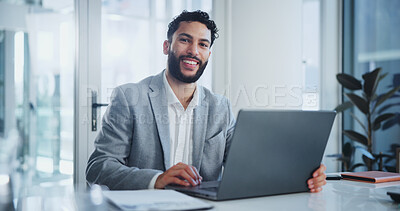 Buy stock photo Man, laptop and portrait in boardroom with smile, documents and ready for meeting at startup company. Person, computer and happy in modern office for creativity, report or proposal with paperwork