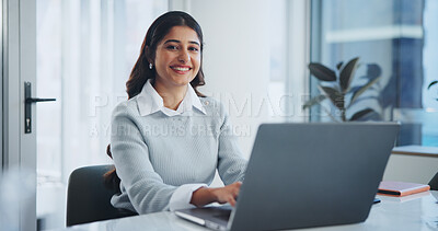 Buy stock photo Woman, laptop and portrait in office with typing, smile and writing newsletter at startup company. Person, computer and happy for copywriting with editing, creativity or click for report in workplace