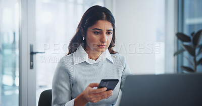 Buy stock photo Office, phone and business woman on laptop for online networking, website and internet at desk. Corporate, professional and person on smartphone and computer for research, communication and email