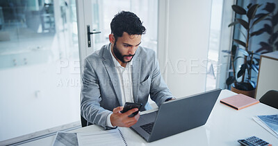 Buy stock photo Office, phone and businessman on laptop with documents for online networking, website and internet. Corporate, technology and person on smartphone and computer for research, communication and email