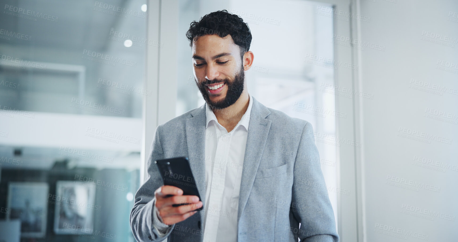 Buy stock photo Communication, smile and businessman text with smartphone in office for networking, email and corporate discussion. Male person, mobile message or company social media post for project and consulting