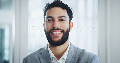 Buy stock photo Smile, confident and portrait of businessman in office with positive attitude for legal career. Happy, pride and professional male attorney from Colombia with corporate law company in workplace.