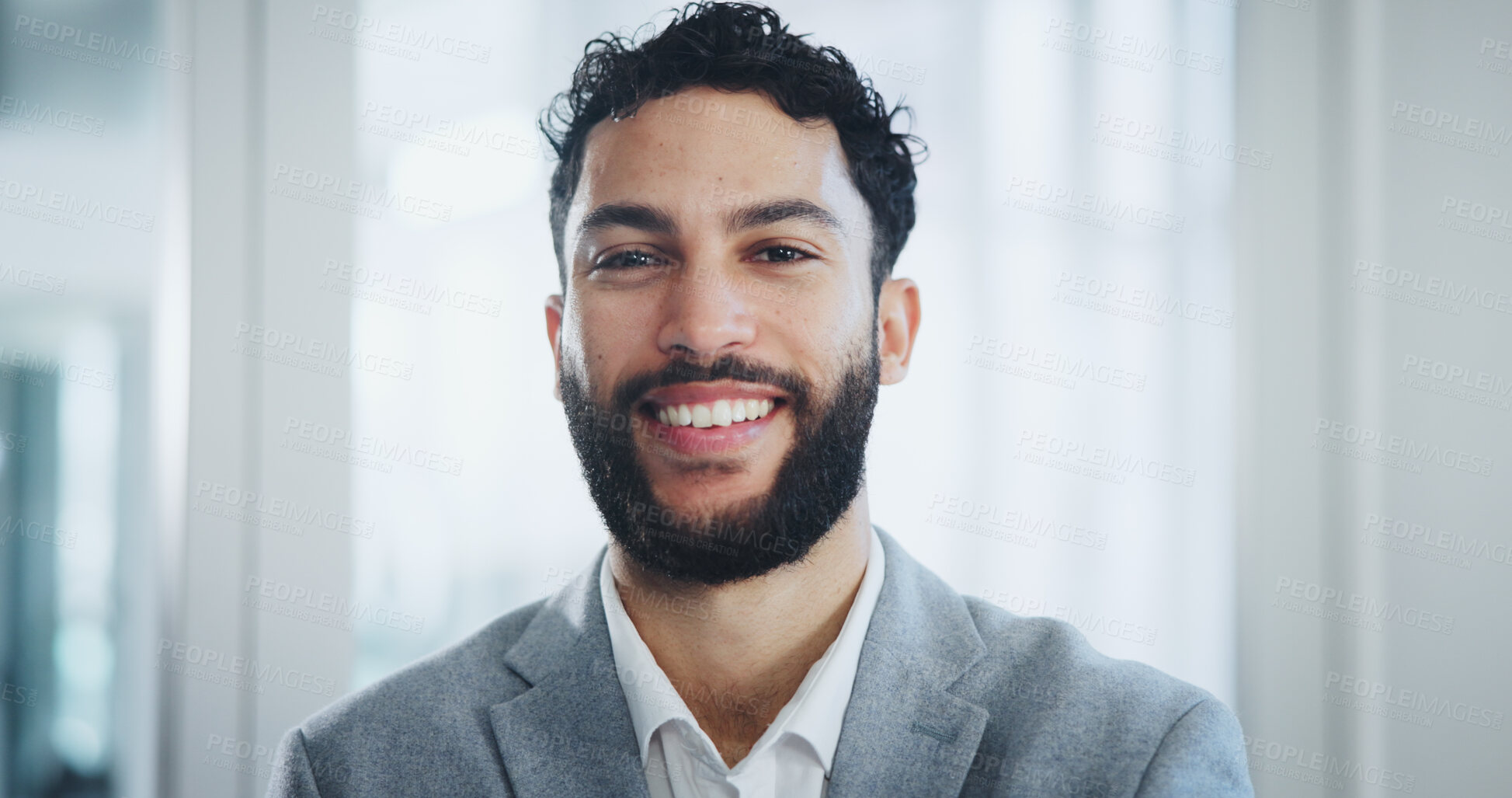 Buy stock photo Smile, confident and portrait of businessman in office with positive attitude for legal career. Happy, pride and professional male attorney from Colombia with corporate law company in workplace.