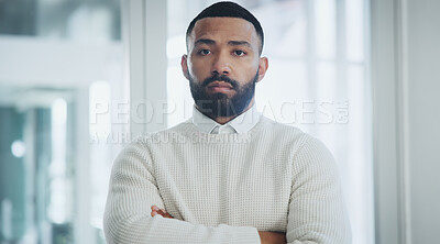 Buy stock photo Businessman, portrait and serious with arms crossed in office for recruitment confidence and startup company. Human resources, employee and professional person with pride for hiring and about us