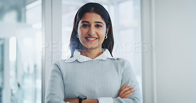 Buy stock photo Smile, crossed arms and portrait of woman in office with positive attitude for legal career. Happy, confident and female attorney from Colombia with pride for corporate law company in workplace.