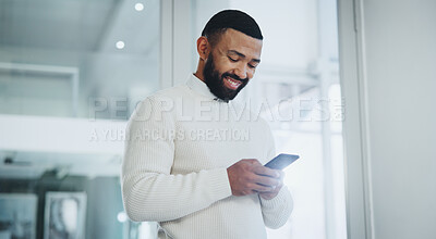 Phone, smile and businessman in office typing email for communication of corporate legal policy. Happy, technology and professional attorney with cellphone reading law research for case in workplace.