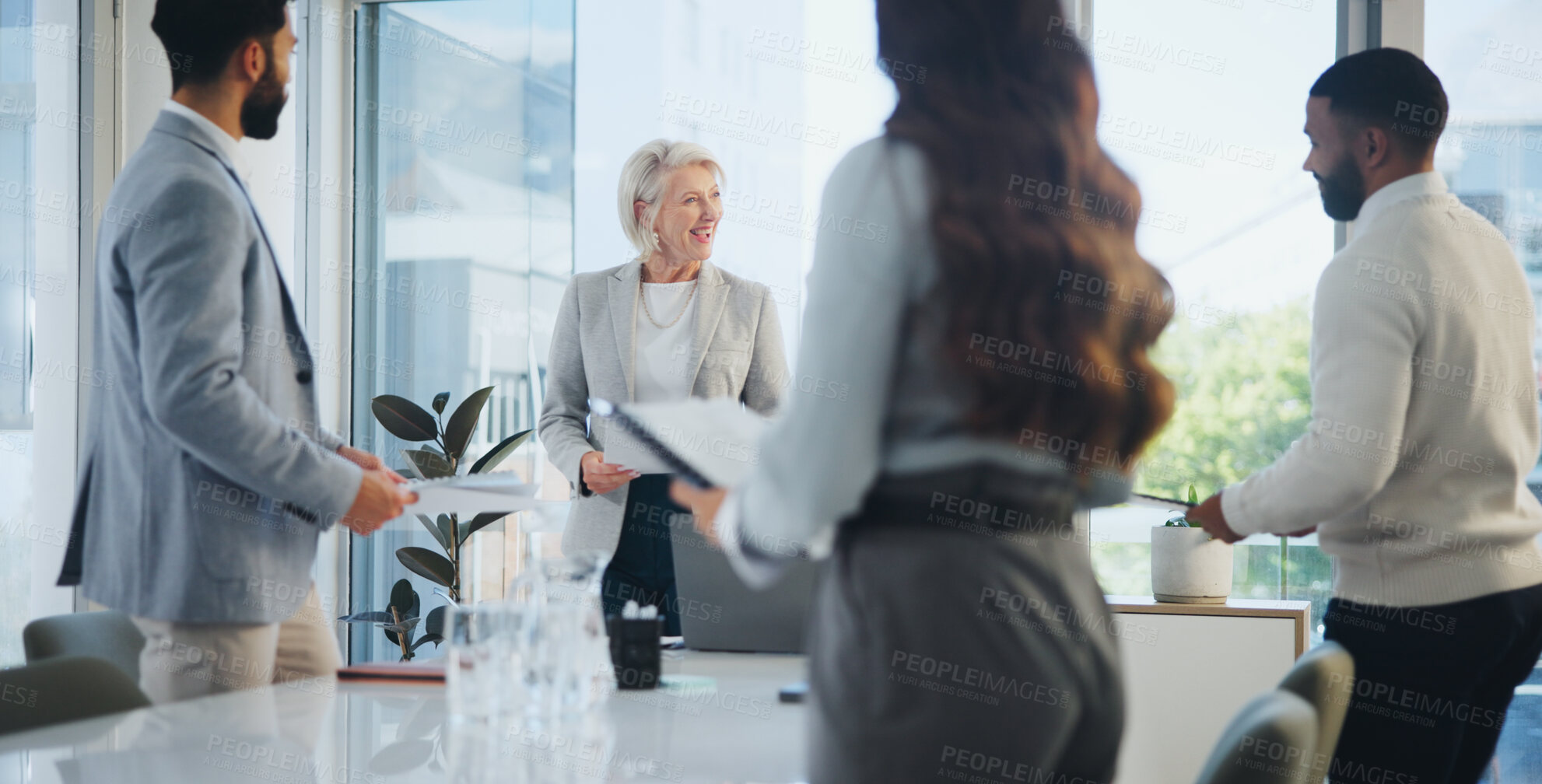 Buy stock photo Business, people and meeting with laptop in office for ideas, planning and documents for information of project negotiation. Staff, woman and teamwork for discussion, goal and company development