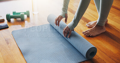 Buy stock photo Fitness, mat and woman and hands with rolling on floor for workout, preparation and start of exercise. Cardio, ground and female person with equipment for health, wellbeing and beginning of training