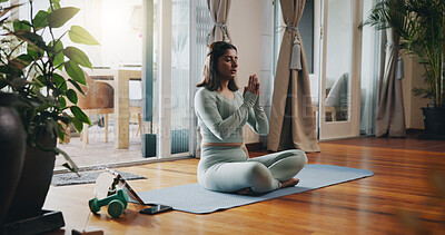 Buy stock photo Home, tablet and woman with meditation on mat for inner peace, balance and mindfulness podcast. Calm, person and zen with spiritual healing audio for holistic exercise, awareness or chakra connection