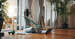 Woman, living room and stretching with tablet for yoga or online class, personal blog and content creation for internet. Girl, pose and calm in home for peace or mindset, exercise and mental health.