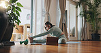 Tablet, online and woman in home for yoga, workout and healthy stretching for holistic fitness. Above, exercise and class on internet, website or app for calm, spiritual wellness and virtual training