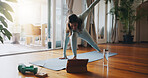 Woman, living room and online with tablet for yoga or virtual class, personal blog and content creation for internet. Girl, pose and technology in home for tutorial or zen, exercise and mental health