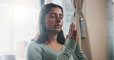 Buy stock photo Home, relax and hands of Indian woman with meditation for inner peace, balance or mindfulness. Calm, female person and zen with spiritual healing exercise for holistic, awareness or chakra connection