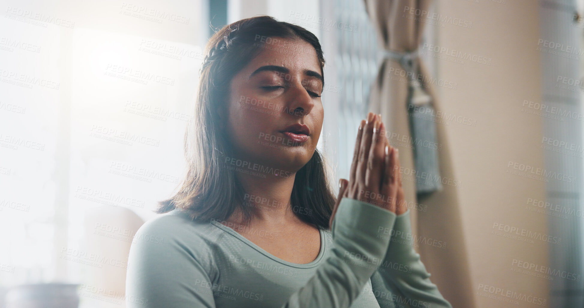 Buy stock photo Home, relax and hands of Indian woman with meditation for inner peace, balance or mindfulness. Calm, female person and zen with spiritual healing exercise for holistic, awareness or chakra connection