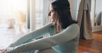 Thinking, woman and peace in living room for yoga, relax and memories at home for solitude. Daydreaming, calm and girl with sportswear for exercise, wellbeing or zen on mat for meditation or thoughts