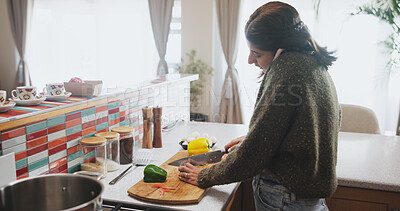 Buy stock photo Vegetables, knife and woman with phone call in kitchen for cooking, nutrition and update on dinner. Cutting board, ingredients and person with tech at home for healthy food, meal prep and discussion