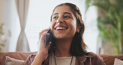 Buy stock photo Smile, woman and phone call on sofa for conversation, communication or internet connection in home. Female person, happy or excited with mobile tech on couch for networking, talking and social media