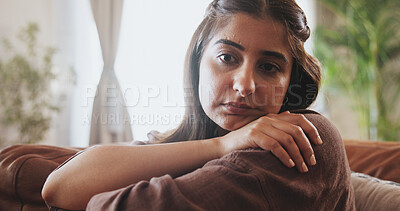 Buy stock photo Sad, woman and thinking on sofa house with mistake anxiety, depression and for conflict of memory reflection. Pensive, female person and doubt of mental health, trauma and perspective of solution