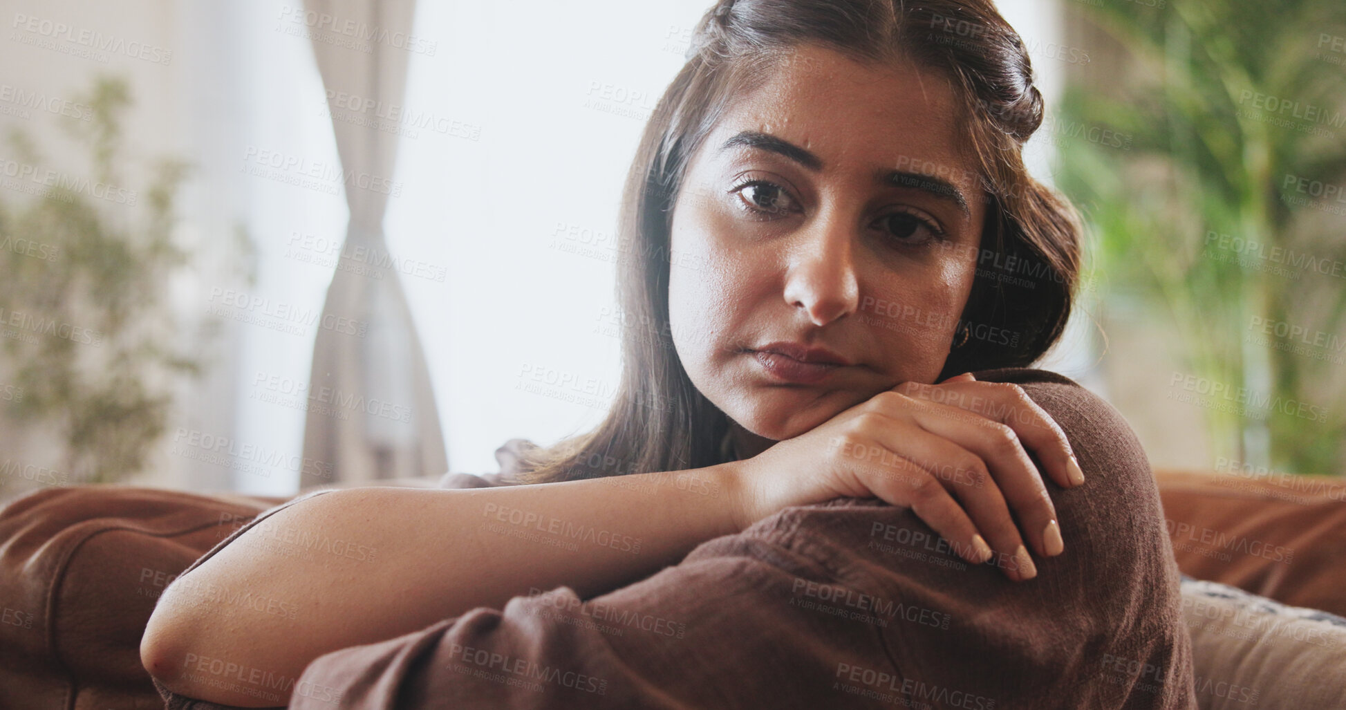 Buy stock photo Sad, woman and thinking on sofa house with mistake anxiety, depression and for conflict of memory reflection. Pensive, female person and doubt of mental health, trauma and perspective of solution