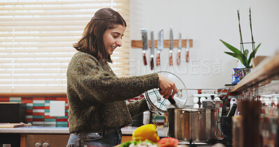 Buy stock photo Vegetables, pot and woman with cooking in kitchen for healthy food, nutrition and dinner at home. Happy, female person and ingredients with meal prep on stove for vegan, diet and cuisine on weekend