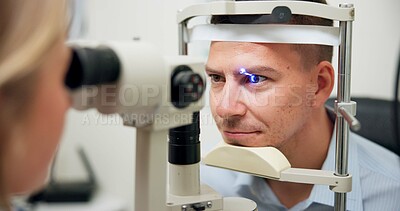 Buy stock photo Optometrist, patient and assessment in clinic for eye exam, vision and optometry with ophthalmoscope. Specialist, man and machine in hospital for wellness, healthcare or ophthalmology for glaucoma