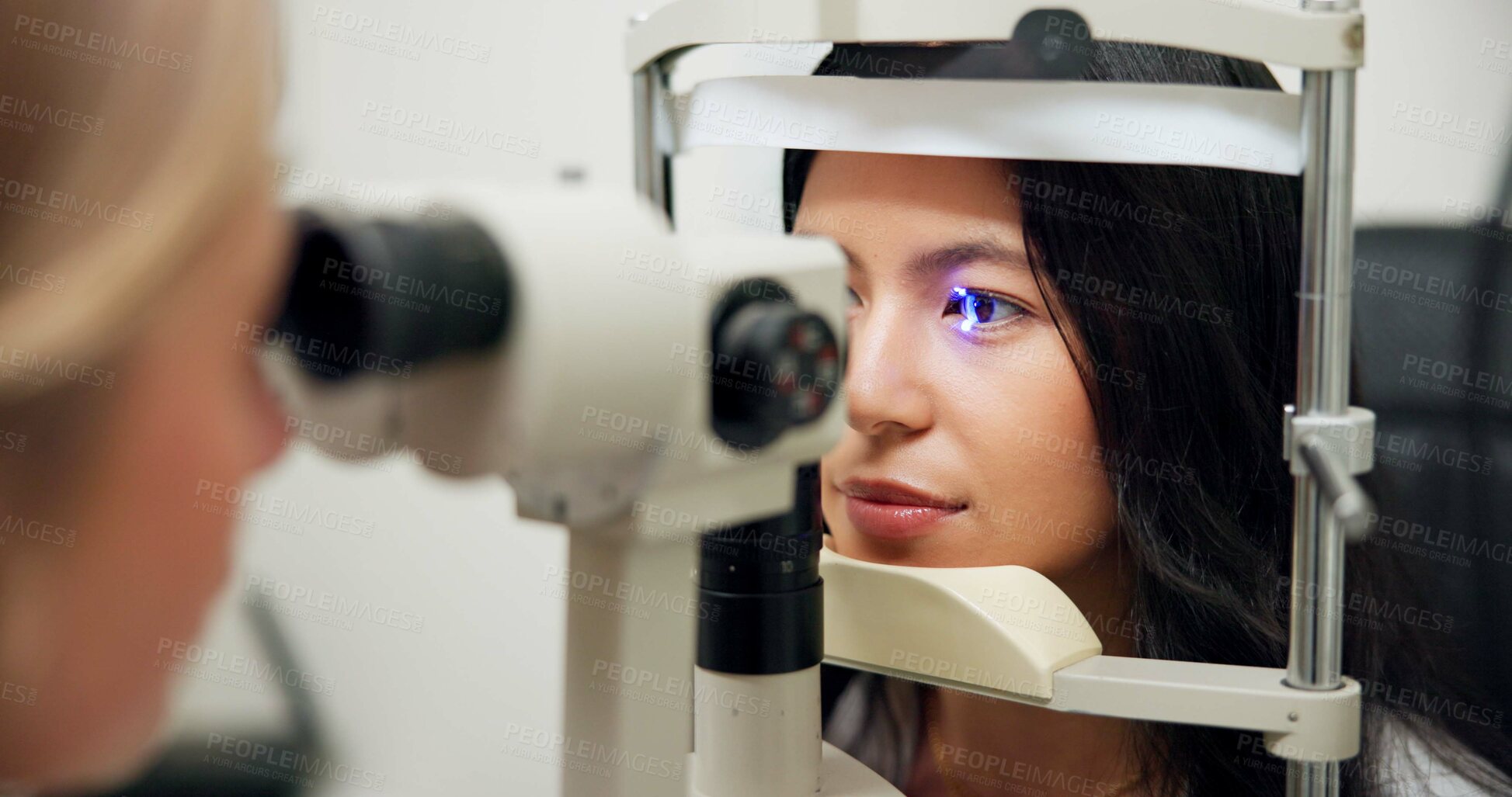 Buy stock photo Woman, optometry and slit lamp for test, vision or care for wellness assessment with health in clinic. Doctor, optician and patient by machine, light and laser for retina scan with lens for eye exam
