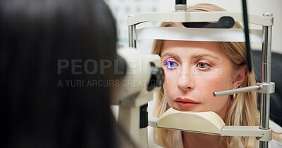 Buy stock photo Woman, optometry and slit lamp for check, vision and care in wellness assessment with health at clinic. Doctor, optician and patient by machine, light and laser for retina scan with lens for eye exam