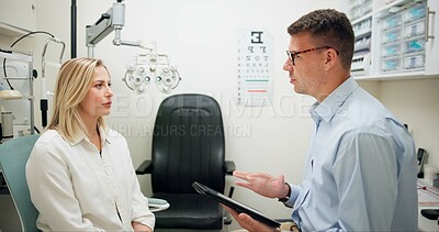 Buy stock photo Hospital, doctor and woman in consultation, eye test and explaining to patient, optometry and diagnosis. Office, person and exam for eyecare in clinic, talking and appointment of healthcare or vision