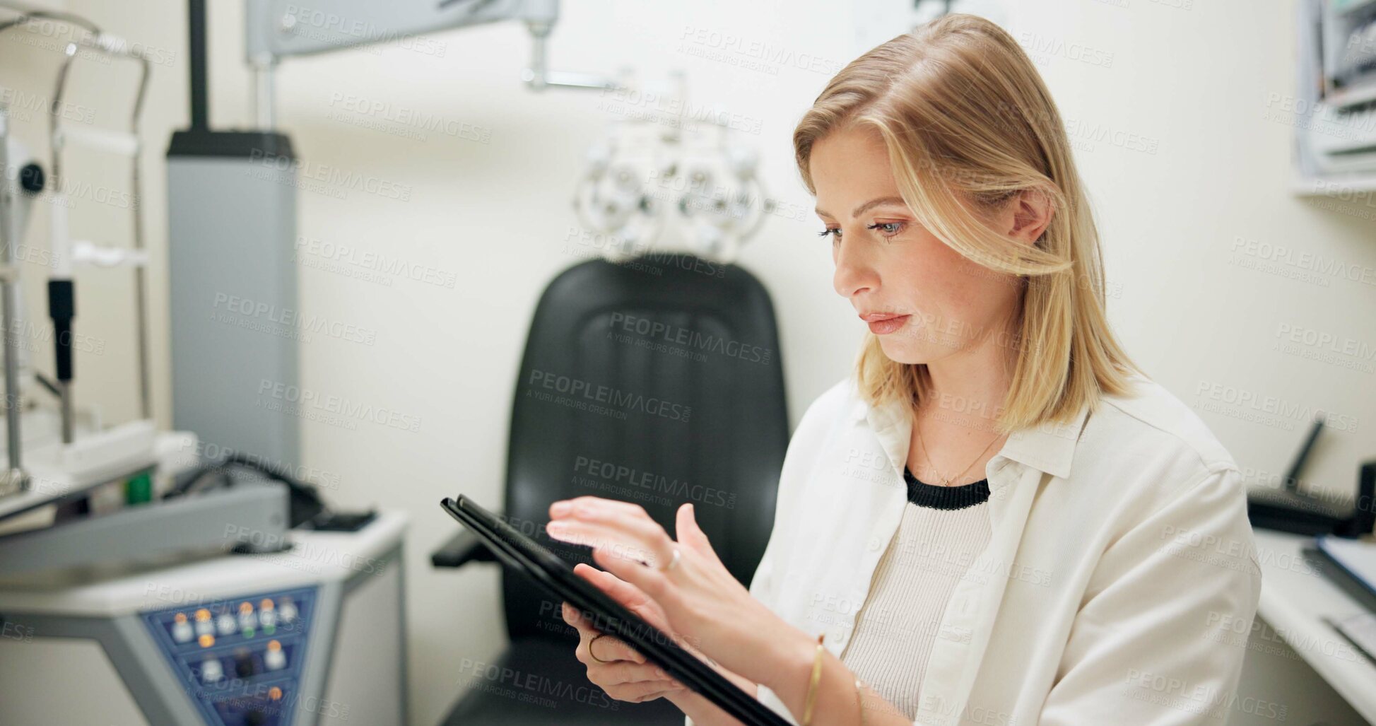 Buy stock photo Woman, tablet and clinic for optometry, vision or contact for test, telehealth or stock check on app. Person, optician and digital touchscreen for report, review or online order for eye care in store