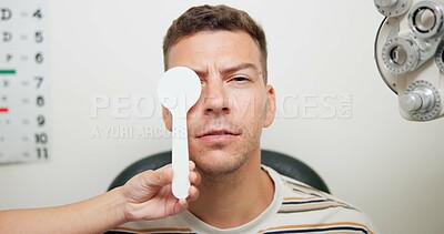 Buy stock photo Vision, cover and man in portrait for eye exam, optometrist and test for depth perception in office. Healthcare, insurance and male patient with specialist for health, checkup and wellness at consult