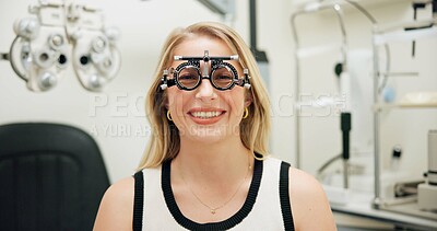 Buy stock photo Portrait, happy woman and test frame for vision, healthcare and eye care in clinic. Face, smile and patient with trail lens tool for wellness, ophthalmology and optometry for eyesight correction exam