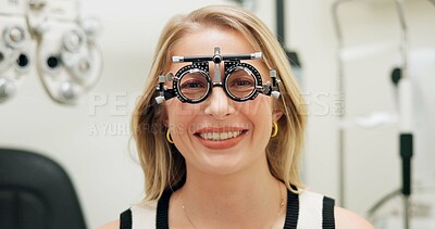 Buy stock photo Portrait, happy woman and test frame for eye care, vision and healthcare in clinic. Face, smile and patient with trail lens tool for wellness, ophthalmology and optometry for eyesight correction exam