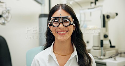 Buy stock photo Portrait, happy woman and test frame for vision, eye care and healthcare in clinic. Face, smile and patient with trial lens tool for wellness, ophthalmology and optometry for eyesight correction exam