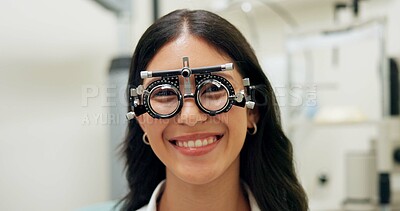 Buy stock photo Portrait, happy woman and test frame for eye care, vision and healthcare in clinic. Face, smile and patient with trail lens tool for wellness, ophthalmology and optometry for eyesight correction exam