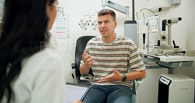 Buy stock photo Doctor, ophthalmologist and consultation with man in clinic or angry patient confused at eye health diagnosis. Optometry, test and professional on tablet technology for wellness, vision and talking