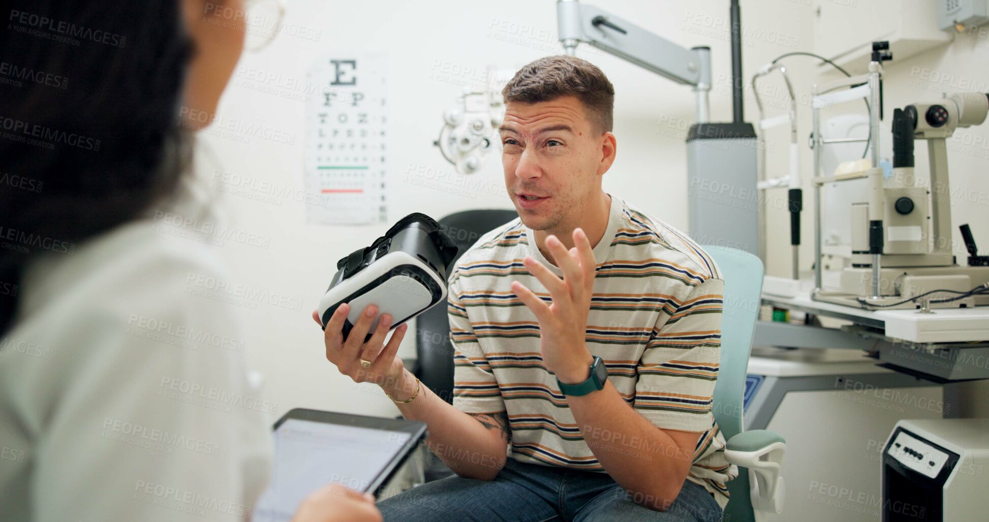Buy stock photo Patient, optometry and talking for eye care, advice and consultation with question for optometrist. Man, discussion and vr goggles for healthcare innovation or assessment with confused, wow and wtf
