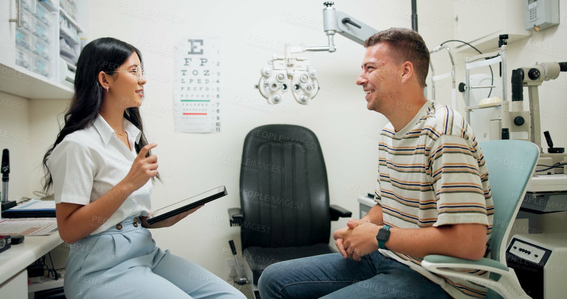 Buy stock photo Optometry, tablet and woman with patient in clinic for medical service, consulting and eye exam. Healthcare, optician and optometrist on digital tech with man for vision, wellness and online results