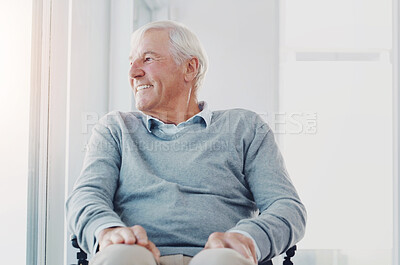 Buy stock photo Senior man, thinking and wheelchair with memory, smile and happy from nostalgia in retirement home. Relax, window and care of person with disability at nursing facility with past and hope for future