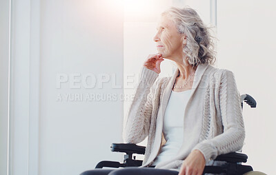 Buy stock photo Senior woman, wheelchair and thinking at nursing home for retirement with nostalgia or memories. Pensioner, person with a disability and relax for healthcare, support and wellness with thoughts