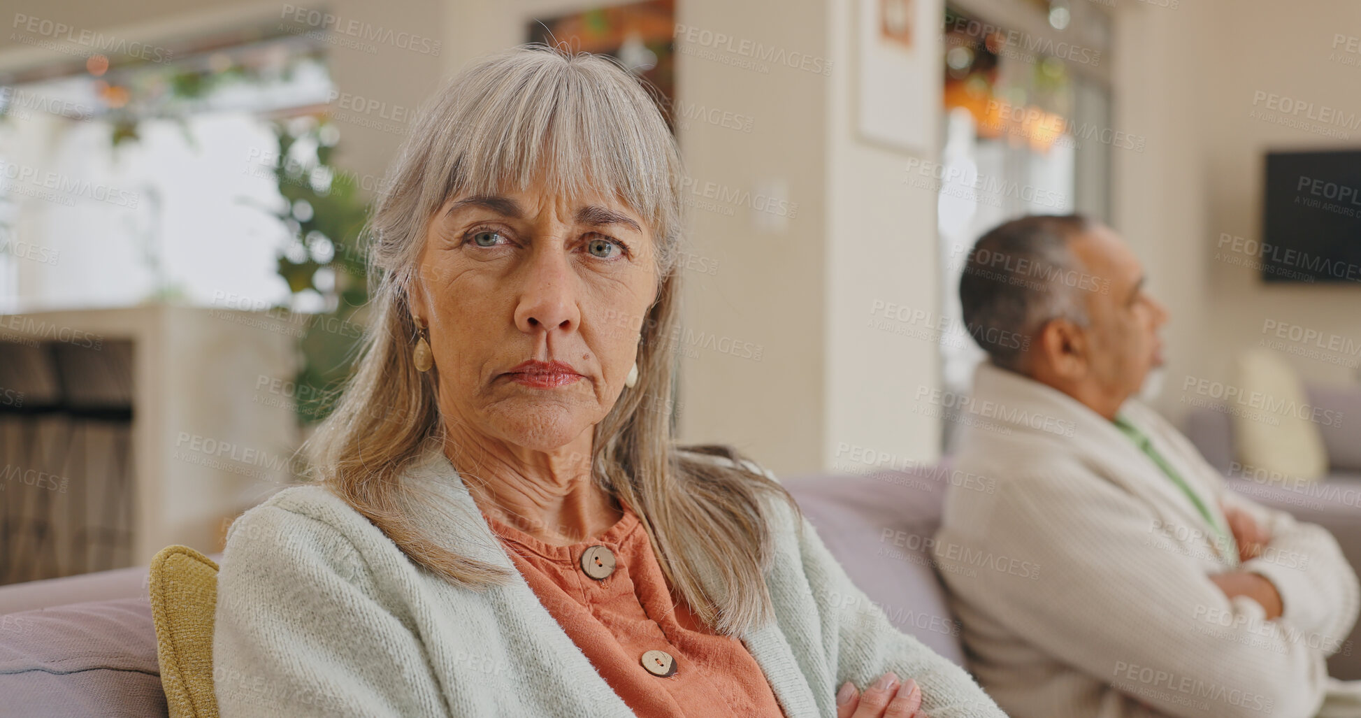 Buy stock photo Home, portrait or fight of senior couple or argument, ignore or misunderstanding with conflict. Married people, woman and man with upset, angry wife or frustrated with silent treatment on sofa